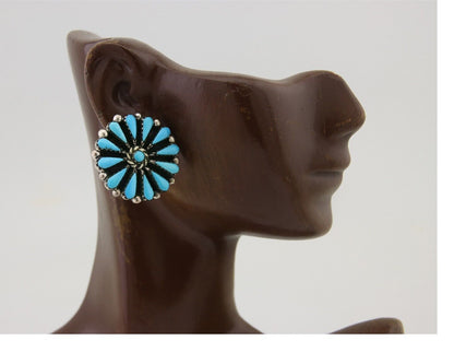 Navajo Petit Point Earrings 925 Silver Turquoise Signed Benson Yazzie C.80's