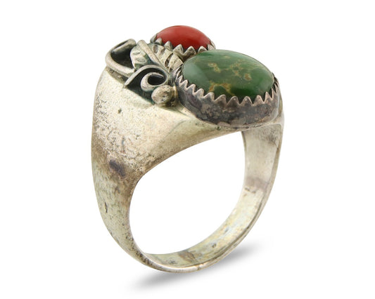 Navajo Ring 925 Sterling Turquoise & Coral Native Artist C.80's Size 6.5