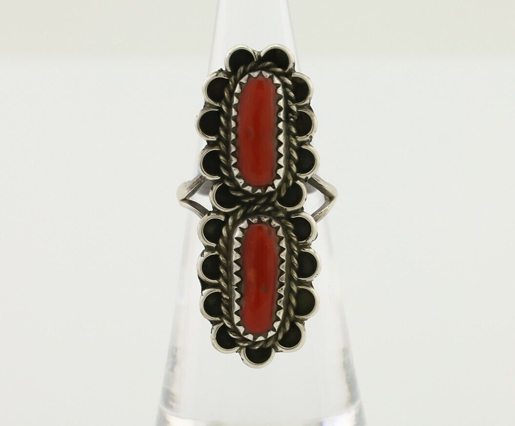 Navajo Ring 925 Silver Mediterranean Coral Native American Artist C.80's