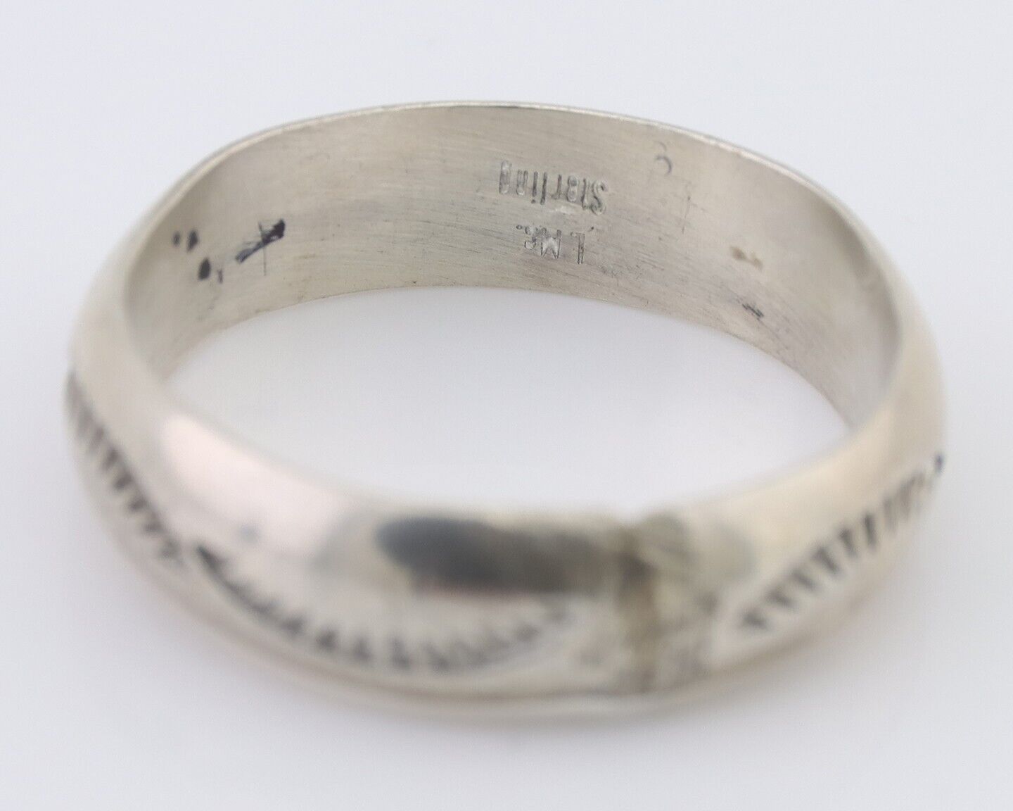 Navajo Hand Stamped Band 925 Silver 6.0 mm Signed Larry Chavez Size 10.25 C.80's