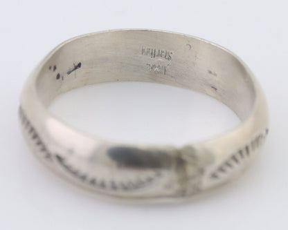 Navajo Hand Stamped Band 925 Silver 6.0 mm Signed Larry Chavez Size 10.25 C.80's