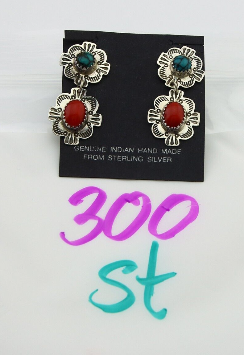 Navajo Earrings 925 Silver Turquoise & Coral Artist Signed Mary Ellen C.80's