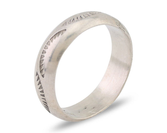 Navajo Hand Stamped Band 925 Silver 6.0 mm Signed Larry Chavez Size 10 C.80's