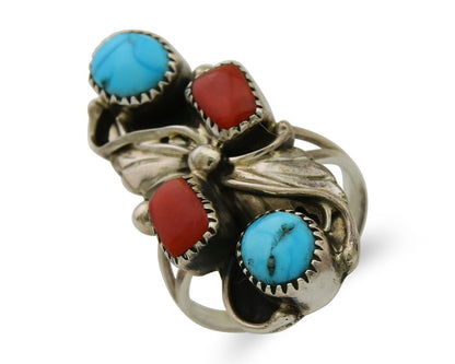 Navajo Handmade Ring 925 Silver Coral & Turquoise Native Artist C.80's