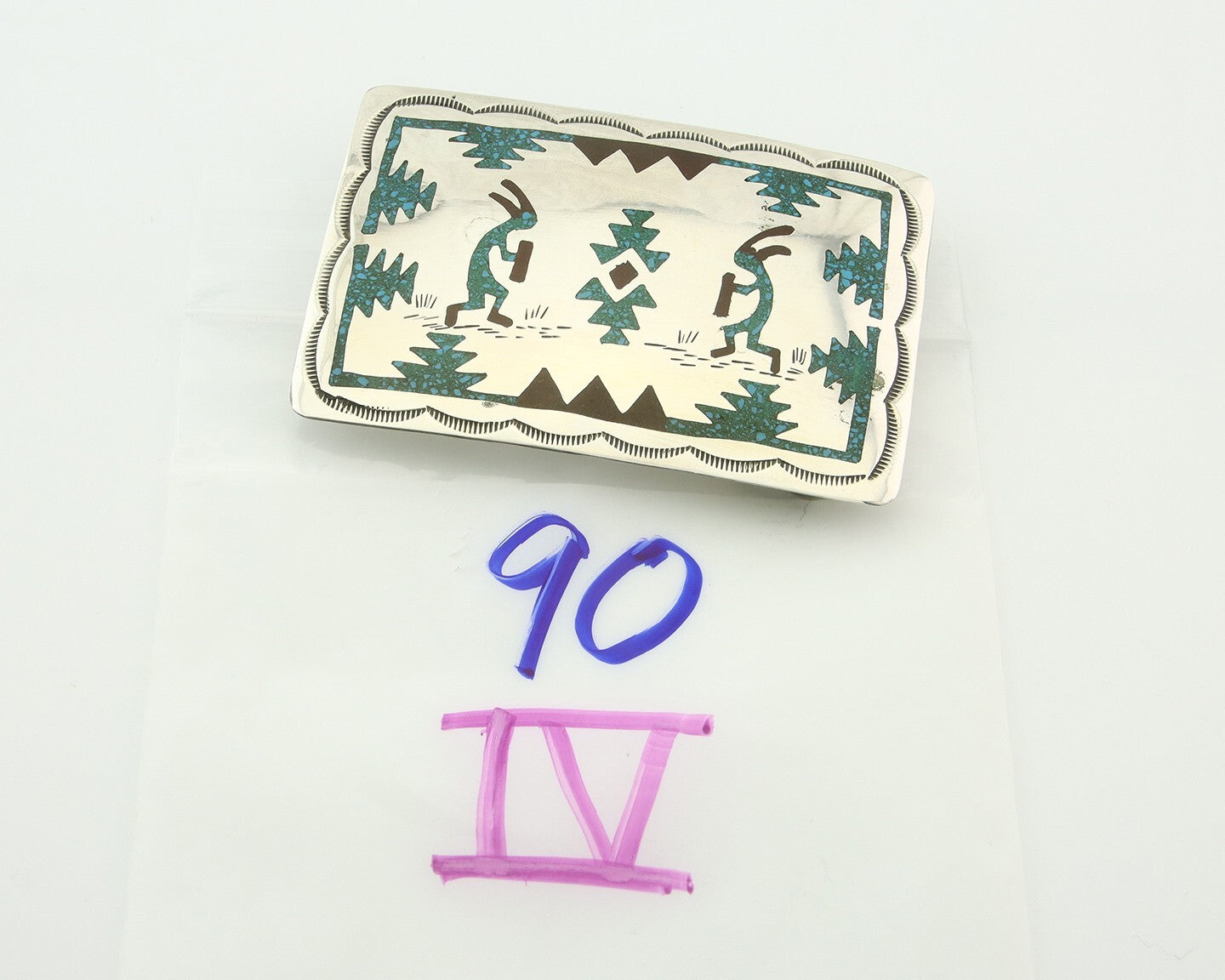 Vintage Navajo Belt Buckle 925 Silver Handmade Inlaid Gemstone Signed HB