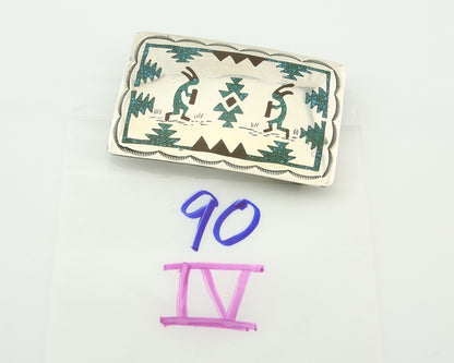 Vintage Navajo Belt Buckle 925 Silver Handmade Inlaid Gemstone Signed HB