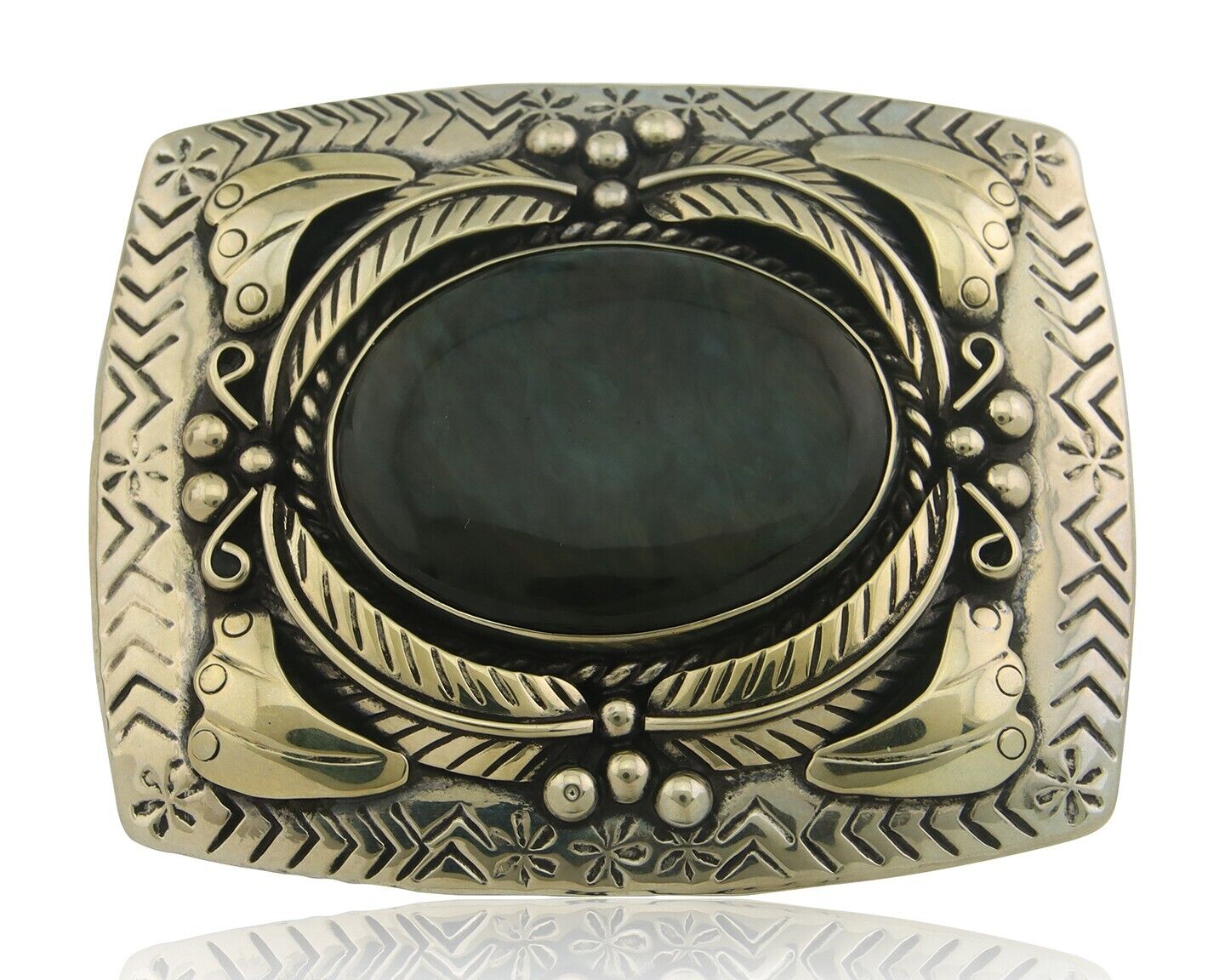 Navajo Belt Buckle .999 Nickel Agate Native Artist Handmade 2.5 x 3.0 in C.80s