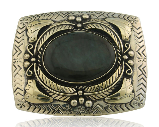 Navajo Belt Buckle .999 Nickel Agate Native Artist Handmade 2.5 x 3.0 in C.80s