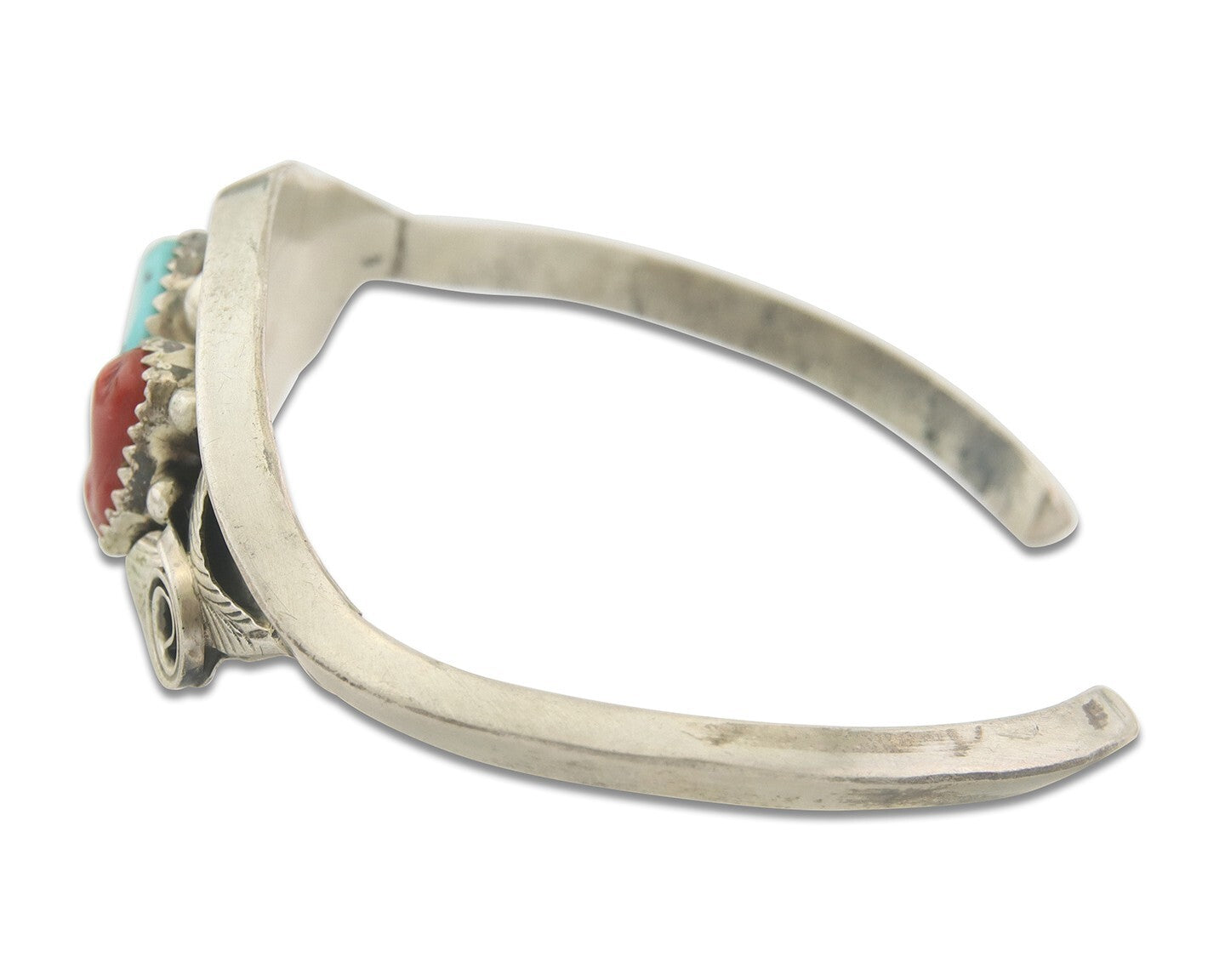 Navajo Bracelet 925 Silver Coral & Turquoise Cuff Signed Justin Morris C.80's