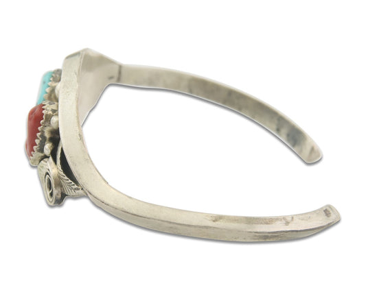 Navajo Bracelet 925 Silver Coral & Turquoise Cuff Signed Justin Morris C.80's