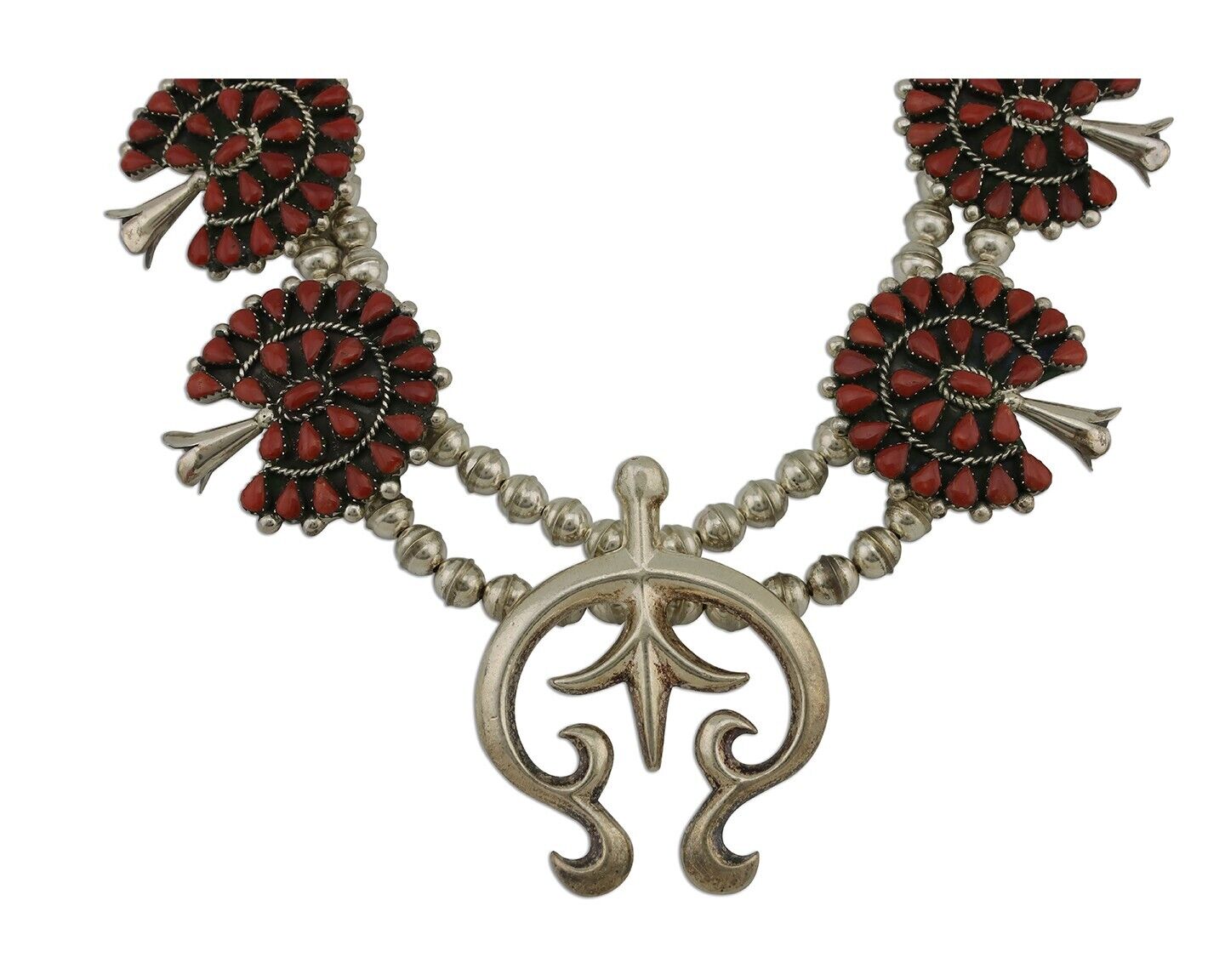 Navajo Coral Squash Necklace 925 Silver Sandcast Native American Artist C.80's