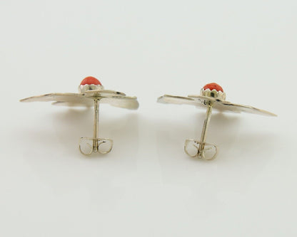 Navajo Thunderbird Earrings 925 Silver Natural Red Coral Native Artist C.80's