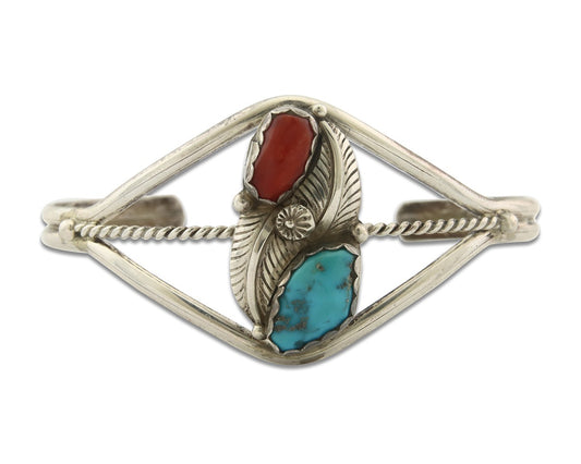Vintage Navajo Bracelet 925 Silver Red Coral Turquoise Signed Paul J