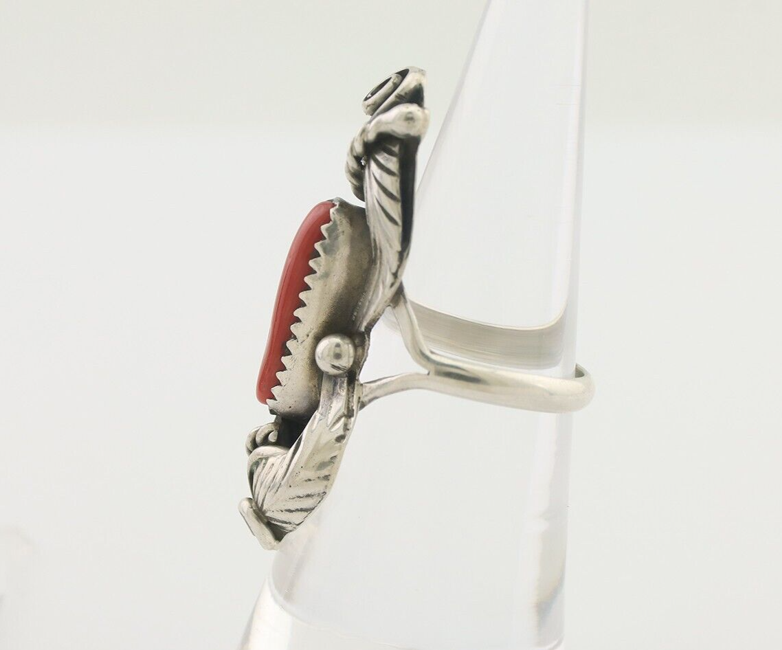 Navajo Handmade Ring 925 Silver Natural Mediterranean Coral Signed Duffy C.80's