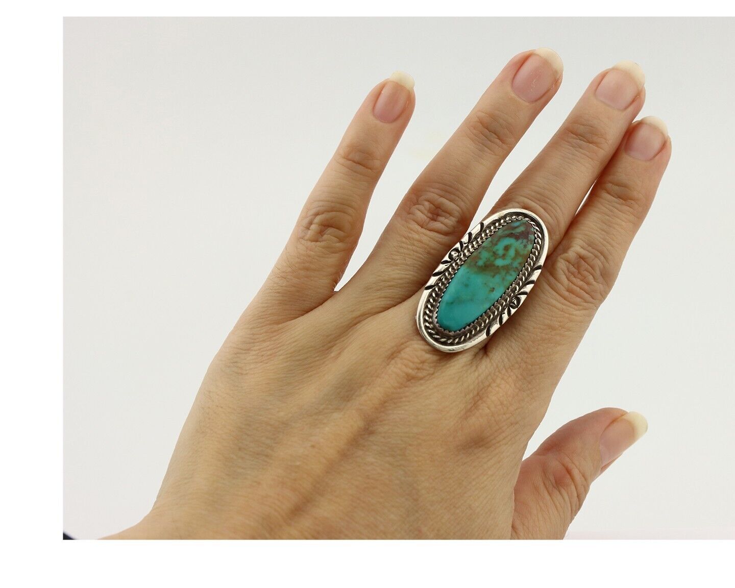 Navajo Ring 925 Silver Natural Turquoise Native Artist Signed TALHAT C.80's