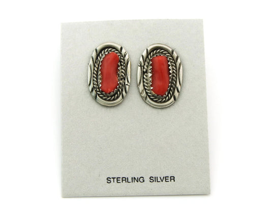 Navajo Dangle Earrings Sterling Silver Handmade Vintage Natural Coral
