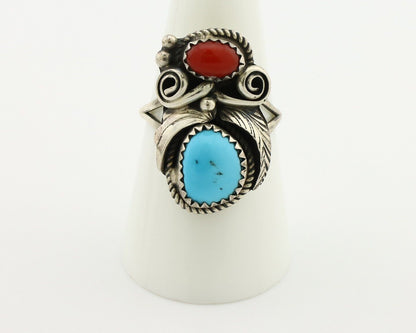 Navajo Ring 925 Silver Blue Turquiose & Coral Artist Signed Justin Morris C.80's