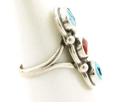 Navajo Ring 925 Silver Sleeping B Turquoise & Coral Native American Artist C.80s