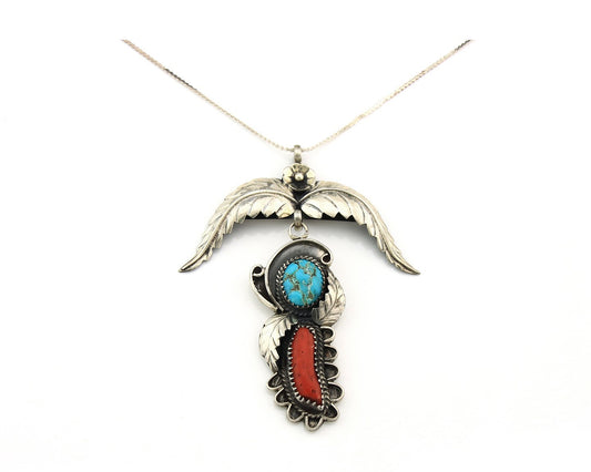 Navajo Necklace Sterling Silver Turquoise Coral Vintage Signed L Yazzie