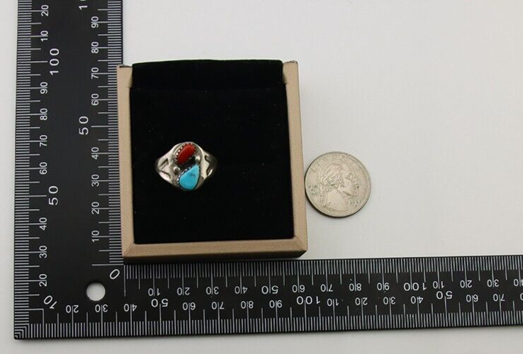 Navajo Handmade Ring 925 Silver Turquoise & Coral Native Artist C.80's