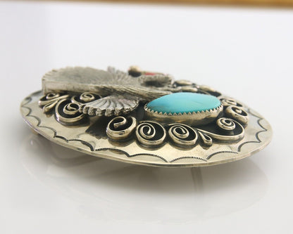 Navajo Belt Buckle .999 Nickel Buffalo Gemstone Handmade 2.5 x 3.0 in C.80's