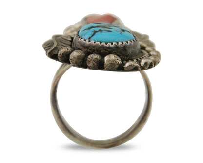 Navajo Ring 925 Sterling Silver Natural Coral & Turquoise Signed SC C.80's