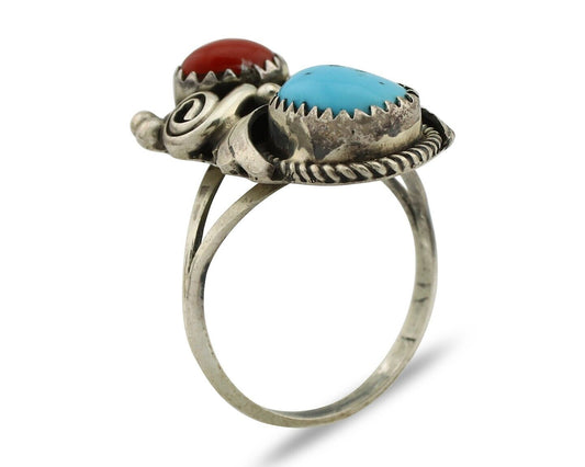 Navajo Ring 925 Silver Blue Turquiose & Coral Artist Signed Justin Morris C.80's