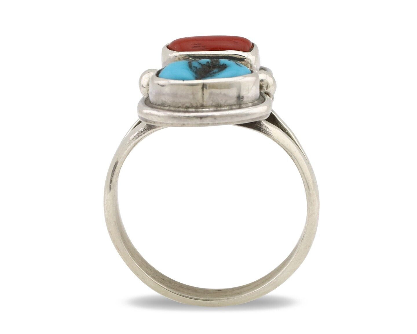 Navajo Ring 925 Silver SB Turquoise & Red Coral Native American Artist C.80s 312