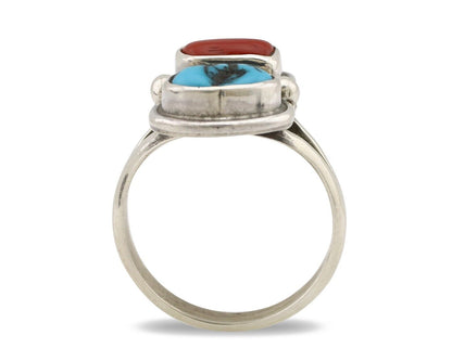 Navajo Ring 925 Silver SB Turquoise & Red Coral Native American Artist C.80s 312