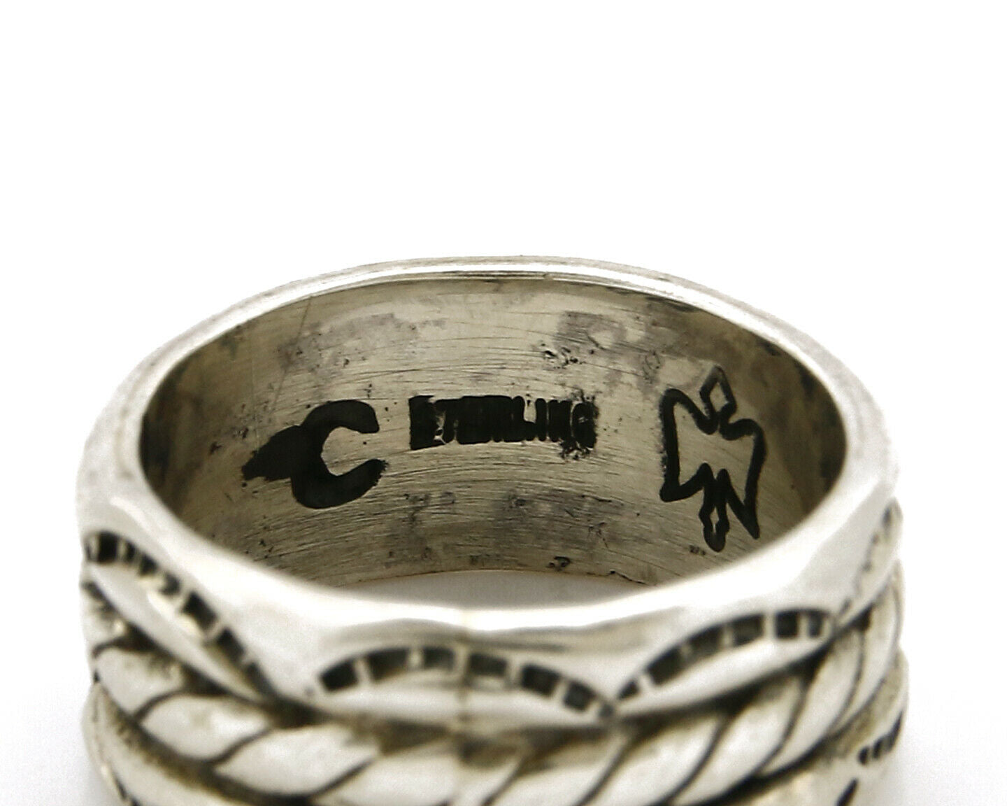 Navajo Ring .925 Silver Handmade Hand Stamped 3 Row Rope Band C.1980's