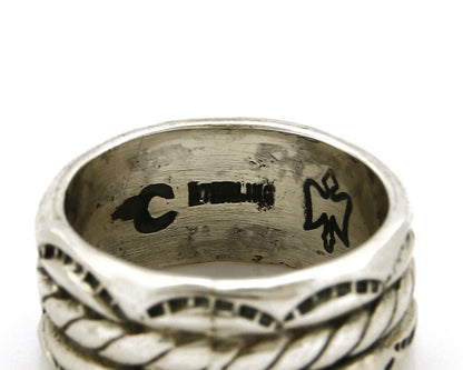 Navajo Ring .925 Silver Handmade Hand Stamped 3 Row Rope Band C.1980's