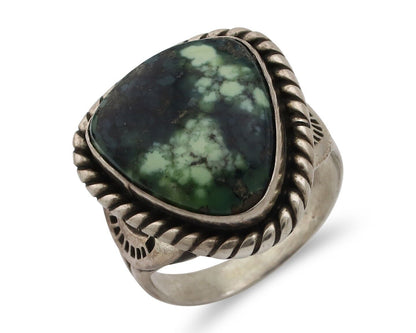 Navajo Ring 925 Silver Green Spiderweb Turquoise Artist Signed Rising Sun C.80's