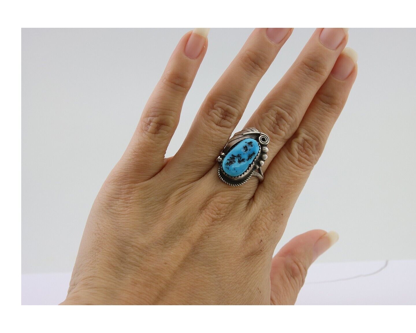 Navajo Ring 925 Silver Sleeping Beauty Turquoise Signed Justin Morris C.80's