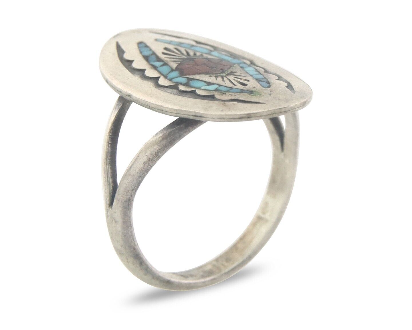 Navajo Ring 925 Sterling Natural Chip Inlay Coral & Turquoise C.80's Size 6.0