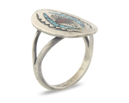 Navajo Ring 925 Sterling Natural Chip Inlay Coral & Turquoise C.80's Size 6.0