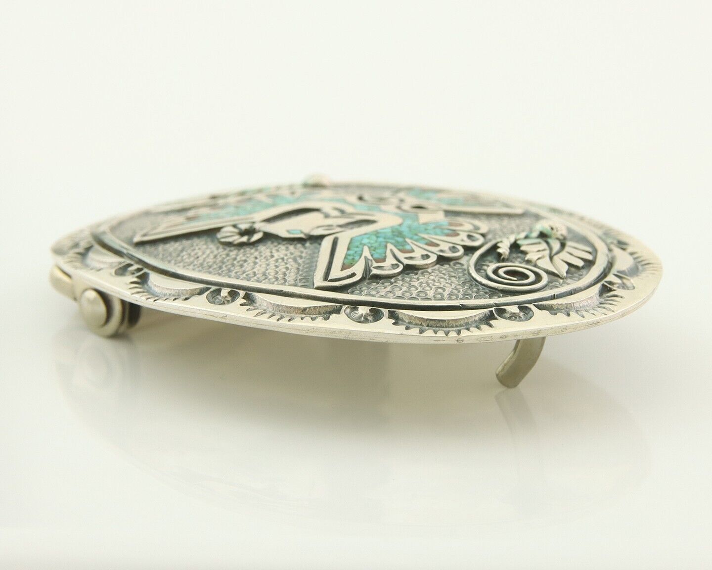 Vintage Navajo Belt Buckle 925 Sterling Silver Inlaid Gemstone Stanely Bain