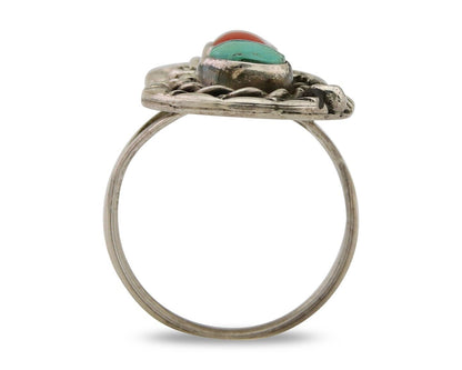 Navajo Ring 925 Silver Turquoise & Coral Native American Artist C.80's