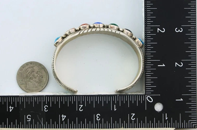 Navajo Cuff Bracelet Sterling Silver Natural Gemstone Vintage Signed WB