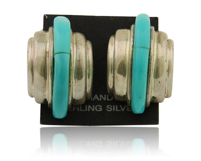 Navajo Half Hoop Earrings 925 Silver Natural Turquoise Artist Signed ShaRay C80s