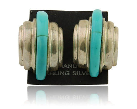 Navajo Half Hoop Earrings 925 Silver Natural Turquoise Artist Signed ShaRay C80s