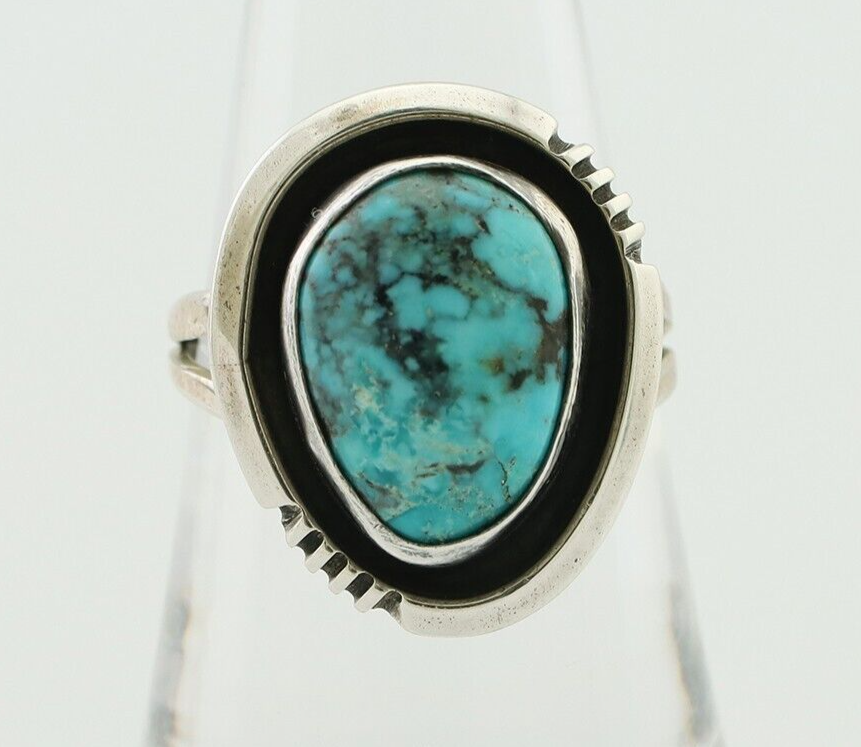 Navajo Ring 925 Silver Natural Mined Blue Turquoise Native American Artist C80s