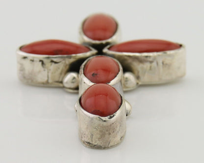 Navajo Cross Pendant 925 Silver Mediterranean Coral Signed J Tso C.80s