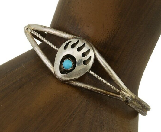 Navajo Paw Bracelet 925 Silver Blue Turquoise Native American Artist C.80's