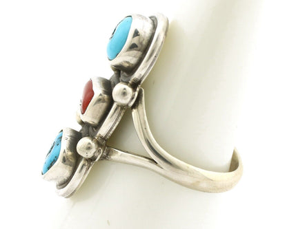 Navajo Ring 925 Silver Sleeping B Turquoise & Coral Native American Artist C.80s