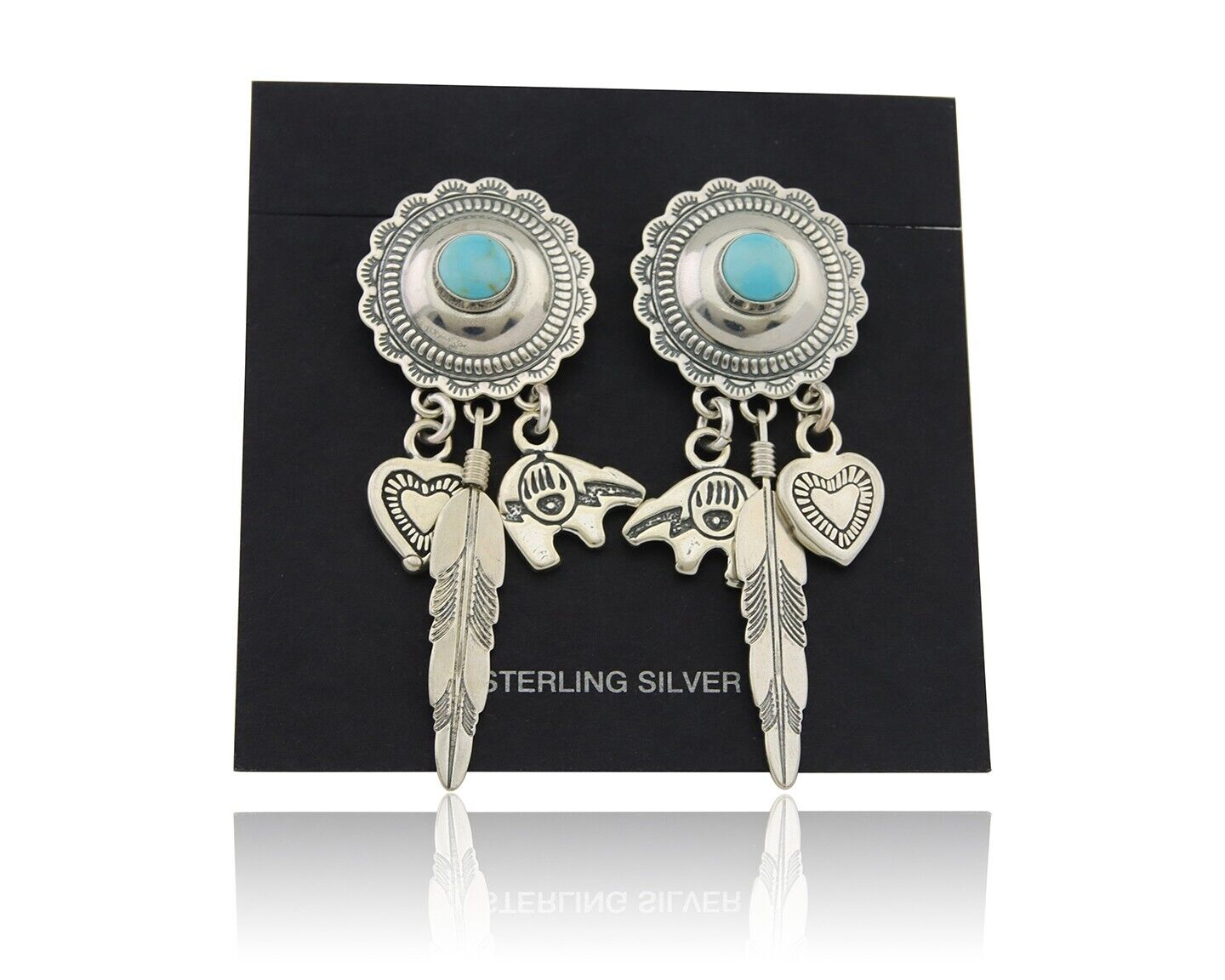 Navajo Concho Dangle Bear Feather Heart Earrings 925 Silver Natural Turquoise
