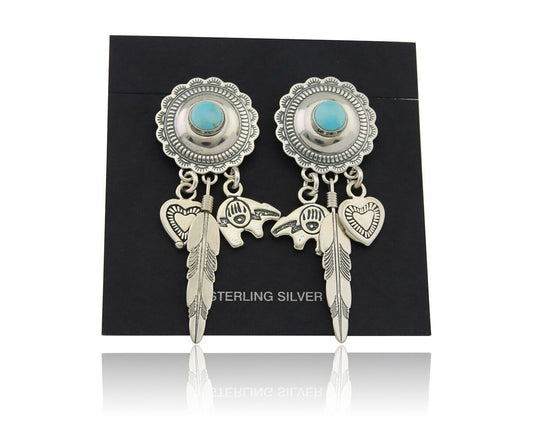 Navajo Concho Dangle Bear Feather Heart Earrings 925 Silver Natural Turquoise