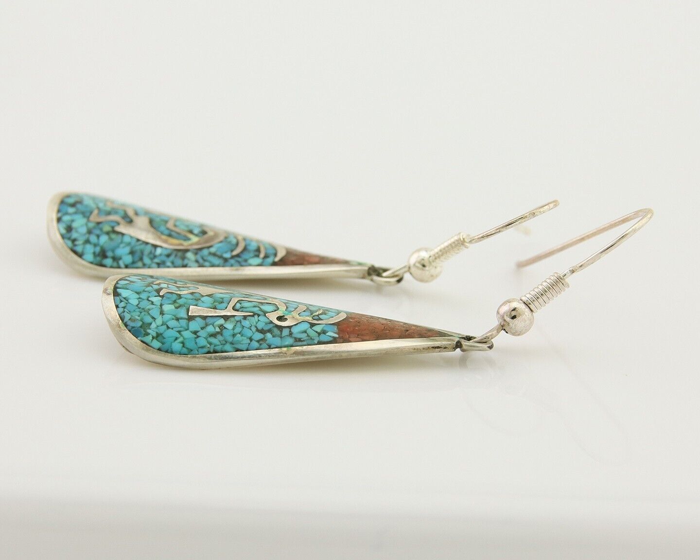 Navajo Kokopelli Earrings 999 Nickel Chip Inlay Turquoise Coral Native American