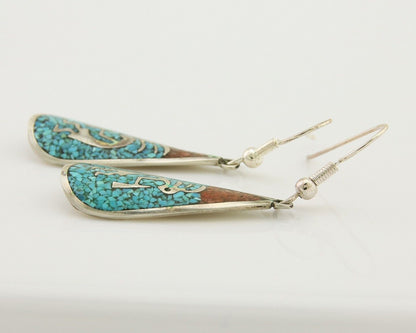 Navajo Kokopelli Earrings 999 Nickel Chip Inlay Turquoise Coral Native American