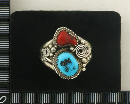 Men Navajo Ring 925 Sterling Natural Coral & Turquoise Signed JM C.80's Sz 12.5