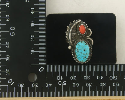 Navajo Ring 925 Sterling Turquoise & Coral Native Artist C.80's Size 7.5